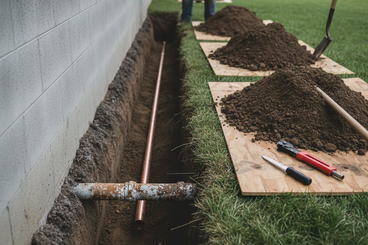 Excavated water line trench during Sewer Line Repair in Newburg